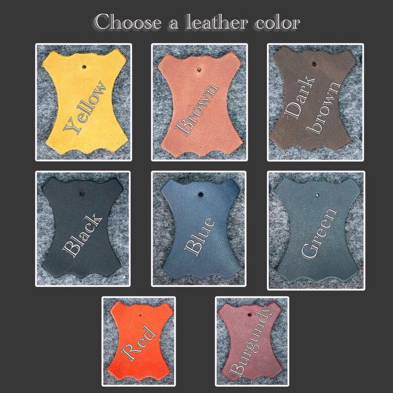 May include: Nine leather swatches in different colors: yellow, brown, dark brown, black, blue, green, red, burgundy. Choose a leather color.