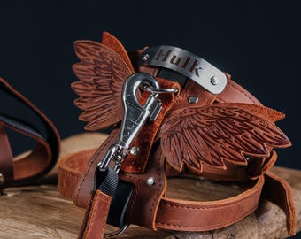 Personalized Leather Dog Harness: Engraved Pet Collar with Decorative Wings