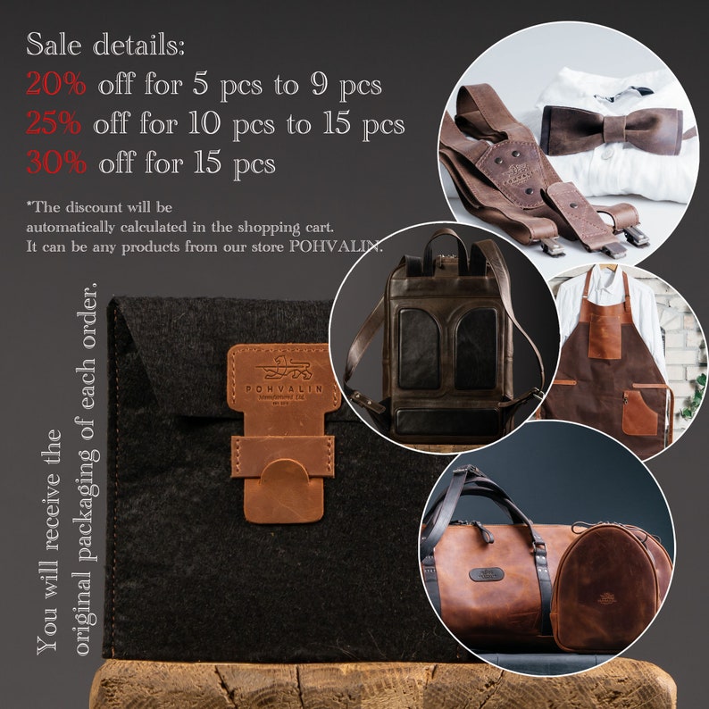 May include: A sale banner with details about discounts for purchasing multiple items. The banner features a variety of leather goods, including a backpack, a duffel bag, a set of suspenders, a bow tie, an apron, and a leather pouch. The text on the banner reads "Sale details: 20% off for 5 pcs to 9 pcs, 25% off for 10 pcs to 15 pcs, 30% off for 15 pcs." The text also reads "You will receive the original packaging of each order."