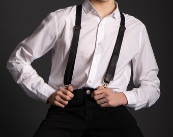 Leather suspenders with button for men