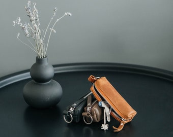 Leather Key Case with Zipper, Brown & Black Key Organizer