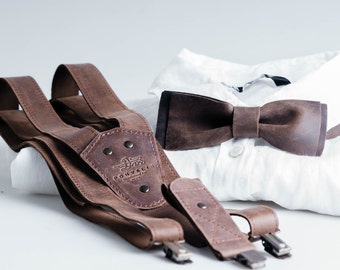 Leather suspenders and bow tie set for men Fast USA shipping 1-5 days