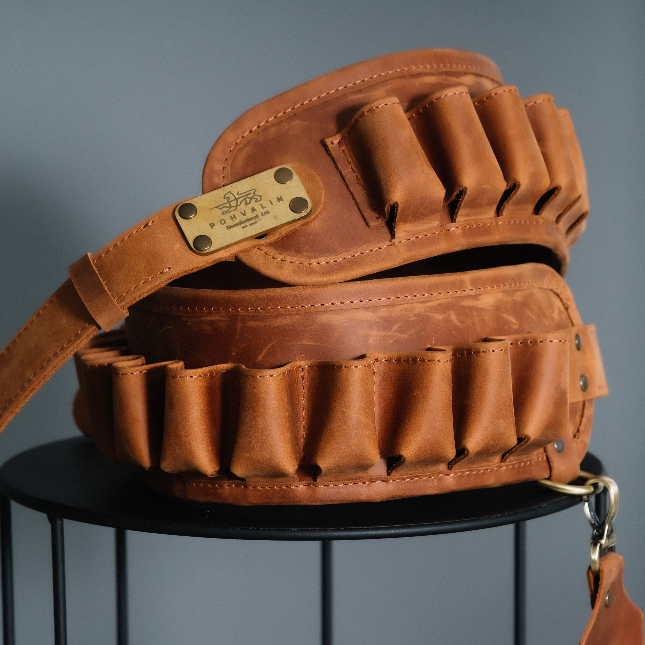 thumbnail image 2 of Vintage Brown Cowhide Leather Cartridge Belt - Adjustable Bandolier For .22 Caliber, Holds 30 Rounds 2 of 12