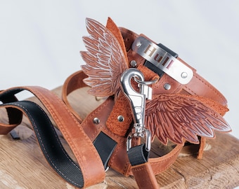 May include: A brown leather dog harness with a silver metal buckle and a silver metal clip. The harness has two wings on the side, one on each side. The harness is on a wooden surface.