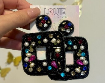 SALE Colorful Rhinestone Beaded Black Square Festive Statement Beaded Earrings