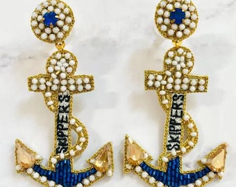 White Blue & Gold Mandeville High School Football Skippers Beaded Anchor Earrings