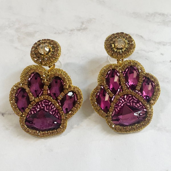 Gold & Purple LSU Louisiana Football Team Animal Paw Print Earrings