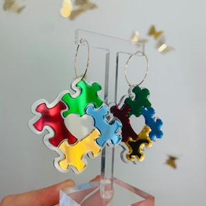 Austim Awareness Month Red Blue Yellow Green Acrylic Puzzle Piece Hoop Earrings