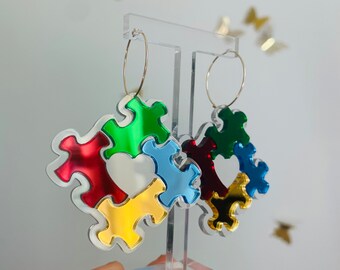 Austim Awareness Month Red Blue Yellow Green Acrylic Puzzle Piece Hoop Earrings