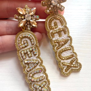 White & Gold GEAUX Baseball Football Sports Team Beaded Earrings