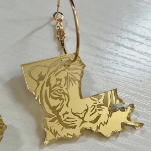 New Orleans, Baton Rouge Louisiana State Mardi Gras Parade Gold Mirror Acrylic, Born In The Boot, Tiger Face Earrings