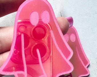 Neon Pink Acrylic Halloween Ghost Earrings Spooky Stylish Spirit Trick-R-Treat Earrings