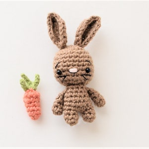 Könnte beinhalten: Ein braunes Häkel-Häschen mit schwarzen Augen und einer rosa Nase, das eine kleine orangefarbene Häkel-Karotte mit grünen Blättern hält.