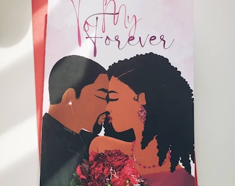 May include: Greeting card with the words "To My Forever" in pink script. The illustration depicts a couple kissing, with a bouquet of red roses. The card has a red envelope.