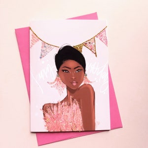 Pink + Chic - Happy Birthday Card | Black Woman Birthday | Black Girl Greetings | Black Hair | Personalization | A7 Greeting Card