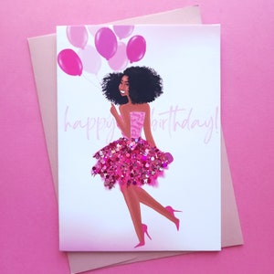 Happy Birthday! - Hot Pink Tutu Birthday Card | Black Greeting Cards | Black Girl Art | Black Woman Greetings | Melanin Art | Natural Hair