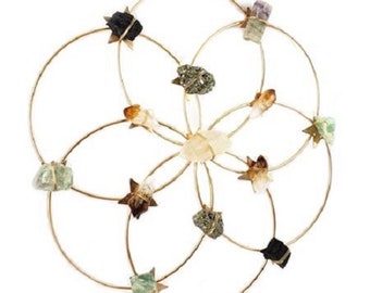 Wellness Crystals Grid - Citrine, Pyrite, Fluorite, Tourmaline, Quartz - Healing Crystals Wall Decor - Flower Of Life-Perfect New Year Gift!