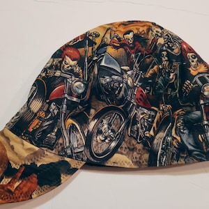 Ready to Ship - XL - skull biker skeleton motorcycle - welding cap - welders hat - reversible 6 panel - kromer - boiler maker