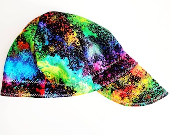 Ready to ship large rainbow airbrush - 6 panel welders welding cap hat - reversible - bikers - beanie - kromer - hard hat liner