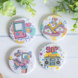 Set of 4 90s Style Pinback Buttons, Vintage 90s Button Pins, Retro 90s Buttons, 90s Nostalgia Button Pins, 90s Retro Gifts, 90s Gift Ideas