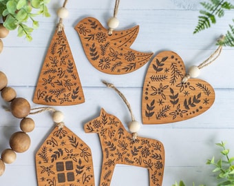 Nordic Christmas Ornament Set: Scandinavian Wood Holiday Decor