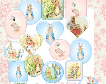 May include: A collection of circular, heart-shaped, and rectangular stickers featuring illustrations of Peter Rabbit and Jemima Puddle-Duck in various garden scenes. The stickers are arranged on a background with the text Scrapbook Embellishments & Paper Crafts.