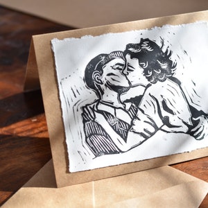 1940's Vintage Couple Kissing Linocut Valentine's Day Card