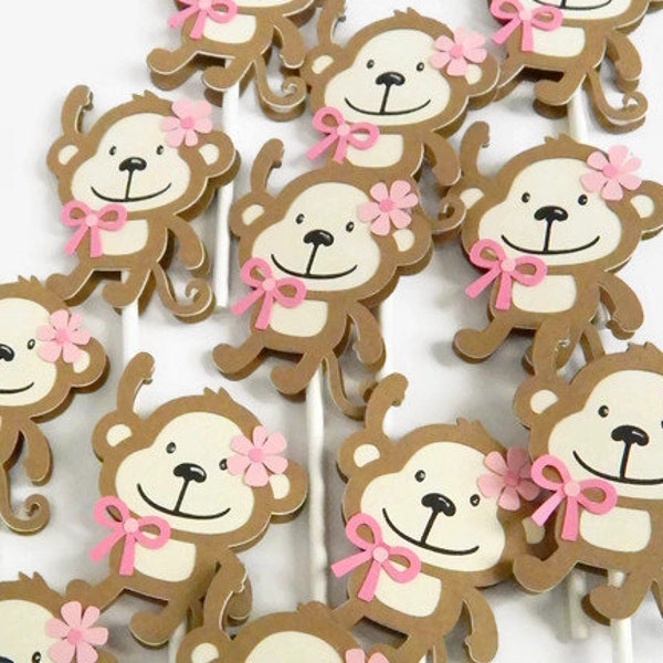 Cute Pink Monkey Cupcake Toppers, girl's birthday party baby shower cake decorations, pink jungle theme party decor, set of cake toppers