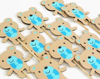 12 Blue Teddy Bear Cupcake Toppers, birthday party or baby shower cake decorations, blue teddy bear theme party decor, set of cake toppers