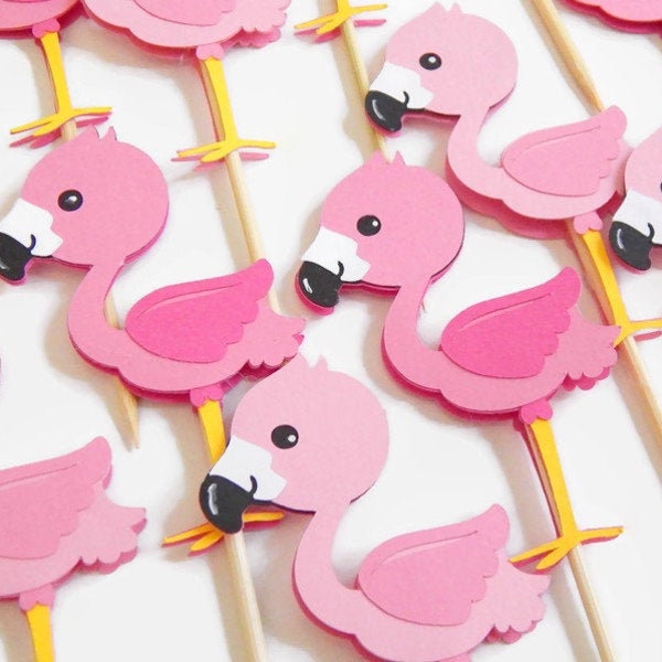 Pink Flamingo Cupcake Toppers, tropical birthday party or baby shower table decorations, flamingo theme party décor, set of cupcake toppers