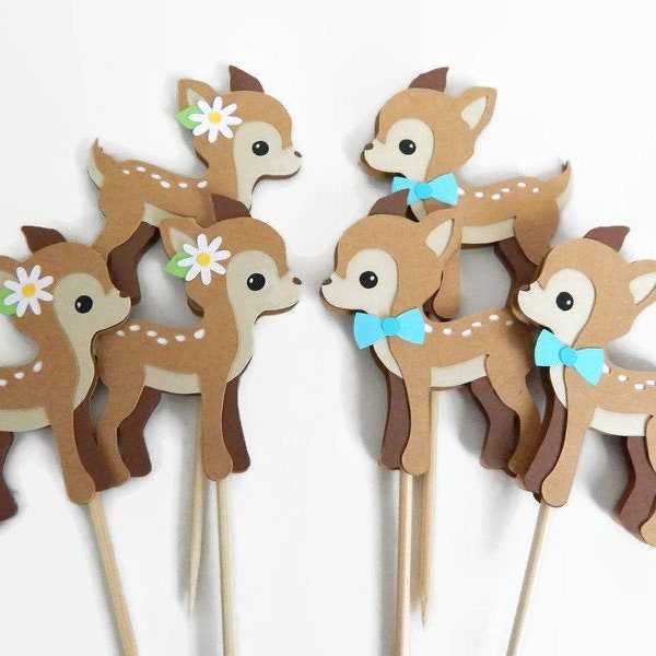 Little Deer Cupcake Toppers, cute fawn birthday party or baby shower cake decorations, woodland theme set of cupcake toppers, deer birthday