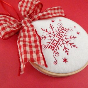 Believe Embroidered Christmas Ornament, Red & Cream Country Christmas Decoration, Holiday Farmhouse Decor, 4&quot; hoop, Christmas tree ornament