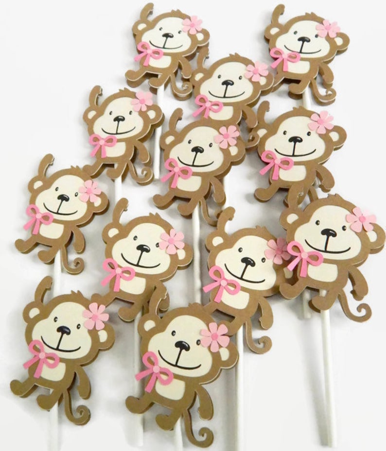 12 Cute Pink Monkey Cupcake Toppers Girl S Birthday Party Etsy