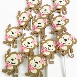 Cute Pink Monkey Cupcake Toppers, girl&#39;s birthday party baby shower cake decorations, pink jungle theme party decor, set of cake toppers