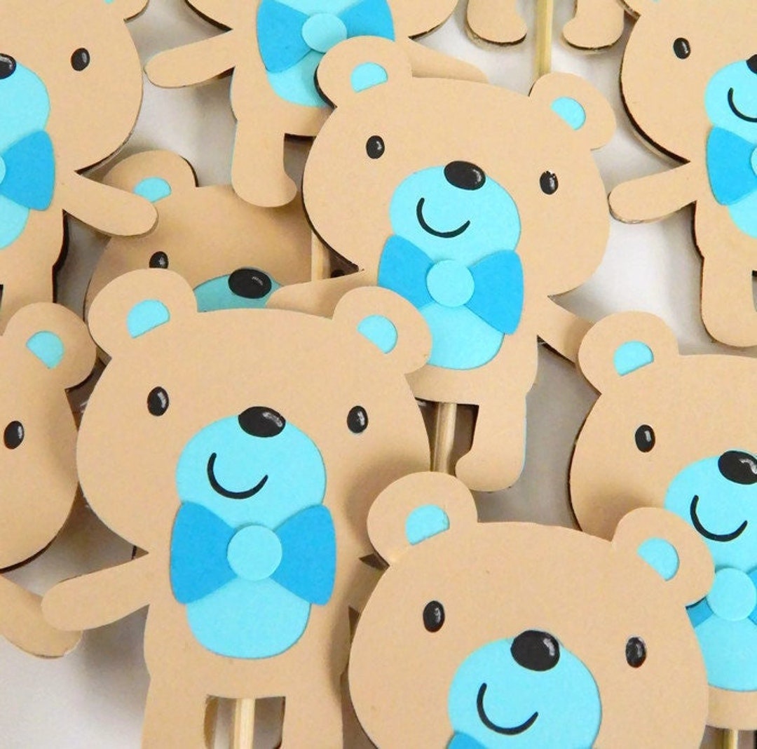 Blue Teddy Bear Cupcake Toppers, Birthday Party or Baby Shower Cake ...