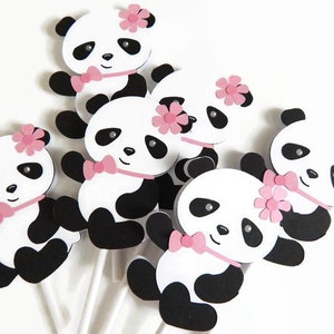 Panda Bear Cupcake Toppers with pink decorations, birthday party or baby shower cake decorations, girl&#39;s pink panda themed party decor
