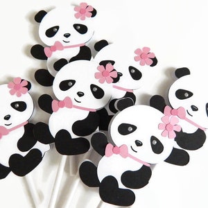 Panda Bear Cupcake Toppers with pink decorations, birthday party or baby shower cake decorations, girl's pink panda themed party decor