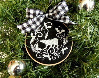 Polar Bear Christmas Tree Ornament, Black & White Embroidered Bear Holiday Decoration, Farmhouse Style Design