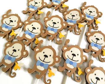 Monkey Cupcake Toppers with blue bow ties and bananas, handmade jungle-theme birthday, baby shower
