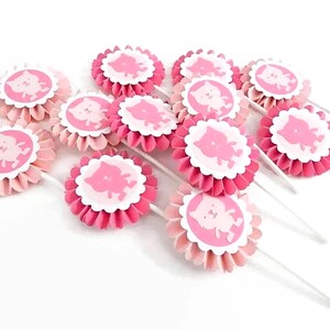 12 Kitten Rosette Cupcake Toppers, pink birthday party baby shower cup cake decorations, set of pink kitty cat medallion party cake toppers