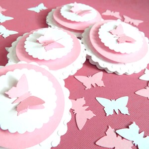 Butterfly Cupcake Toppers, girl&#39;s pink birthday party or baby shower cupcake decorations, set of 12 embossed butterfly party cake toppers