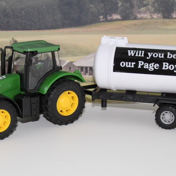 Wedding Day Personalised Name Gift Will you be our Page Boy Usher Ring Bearer Boys Green Red Toy Farm Tractor Trailer Tanker Boxed Present