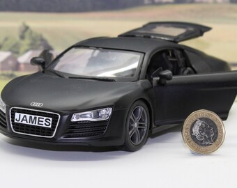 PERSONALISED PLATE Gift Personalized Licensed 1/24 19cm Matt Black Audi R8 V10 Diecast Toy Car Boys Dad Model Birthday Xmas Present Boxed