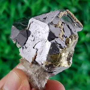 Puede incluir: Un cristal negro y plateado con un mineral de color dorado unido. El cristal est&aacute; sobre un fondo blanco.