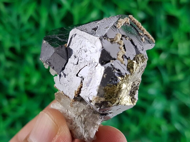 Puede incluir: Un cristal negro y plateado con un mineral de color dorado unido. El cristal est&aacute; sobre un fondo blanco.