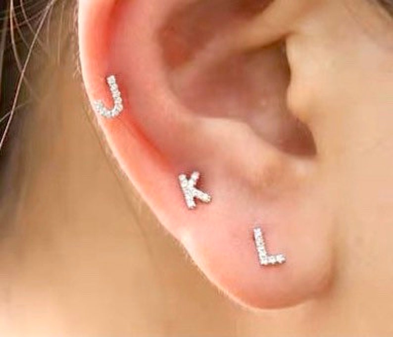 18k Solid Gold, Real Diamonds, Alphabet Earring, Initial Studs, Post