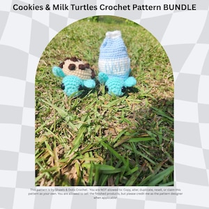 May include: A crochet pattern bundle featuring two turtle designs: one resembling a cookie and the other a milk carton. The turtles have blue flippers and heads. The cookie turtle has a tan shell with brown spots. The milk carton turtle is blue and white. The text "Cookies & Milk Turtles Crochet Pattern BUNDLE" is at the top.