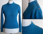 Vintage 70s Sweater with Mock Neck and Asymmetrical Shoulder Application with Decorative Buttons - All Wool - Made in Germany