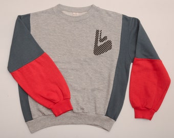 Vintage 70s German Long Sleeve Sweatshirt with Abstract Logo Print - Grey Heather, Grey, Red