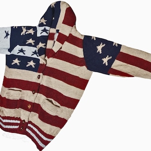 Cárdigan de lujo hipoalergénico con cuello chal, 100 % alpaca peruana bebé, diseño de bandera de EE. UU., térmico, orgánico, sedoso, tejido a mano.